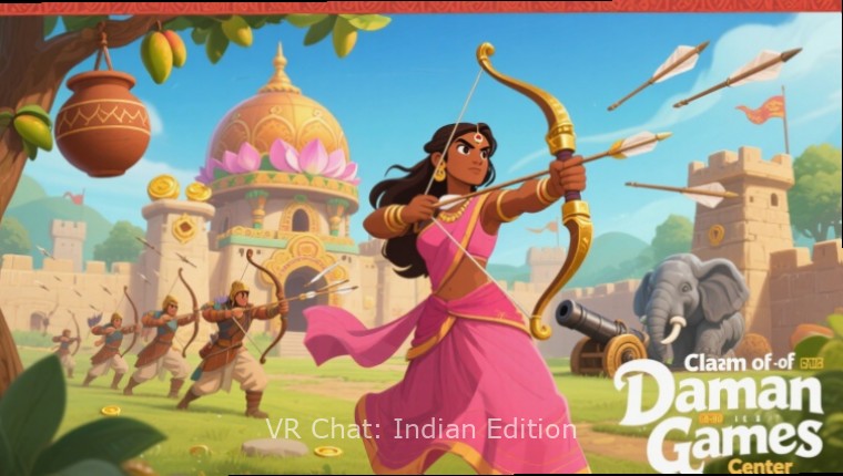 VR Chat: Indian Edition community members discussing in a virtual forum space with traditional Indian decor